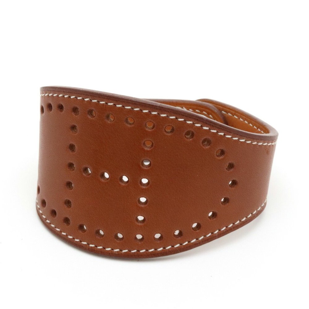 HERMES Eclipse H Leather Bracelet Reversible Punching Leather Brown J Engraving